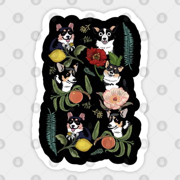 Botanical and Black Corgi Sticker by huebucket